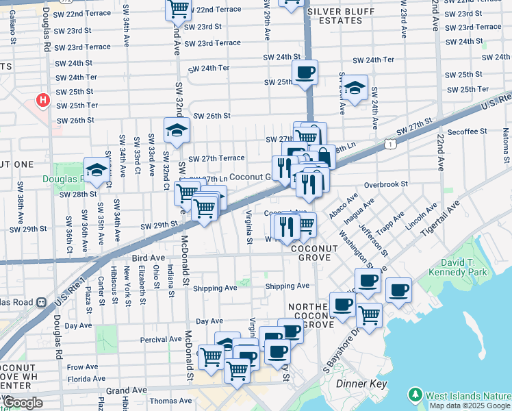 map of restaurants, bars, coffee shops, grocery stores, and more near 2920 Southwest 28th Terrace in Miami