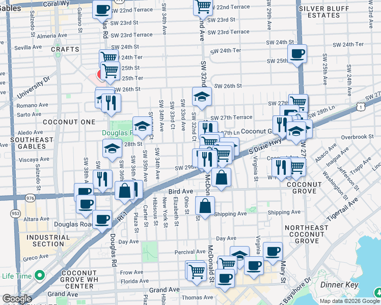 map of restaurants, bars, coffee shops, grocery stores, and more near 2822 Southwest 32nd Court in Miami