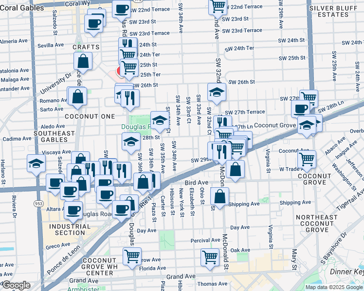 map of restaurants, bars, coffee shops, grocery stores, and more near 2815 Southwest 34th Avenue in Miami
