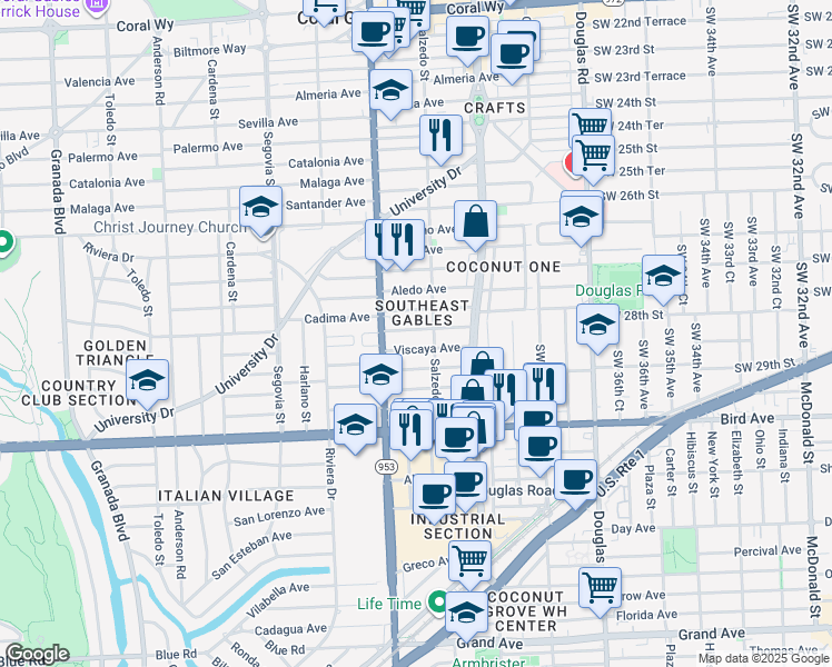 map of restaurants, bars, coffee shops, grocery stores, and more near 301 Alesio Avenue in Coral Gables