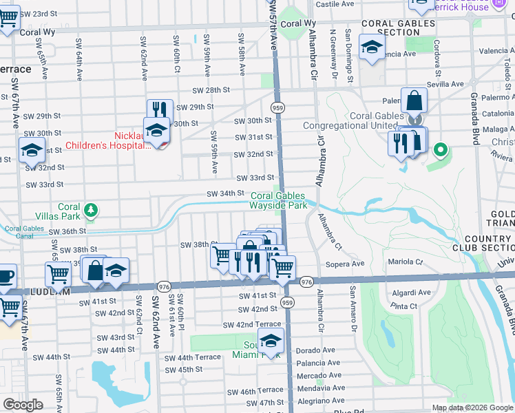 map of restaurants, bars, coffee shops, grocery stores, and more near 5808 Southwest 34th Street in Miami