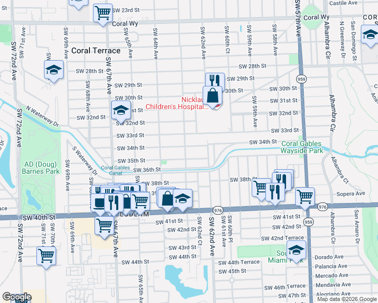 map of restaurants, bars, coffee shops, grocery stores, and more near 3403 Southwest 63rd Avenue in Miami