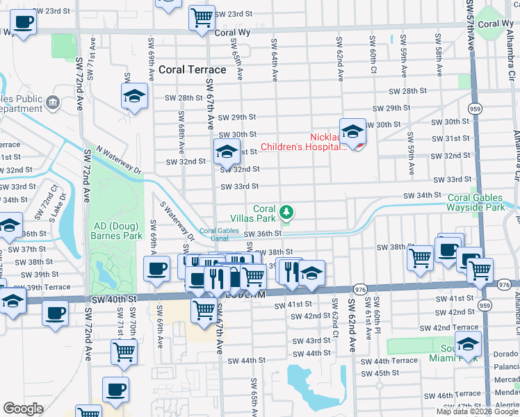 map of restaurants, bars, coffee shops, grocery stores, and more near 6496 Southwest 34th Street in Miami