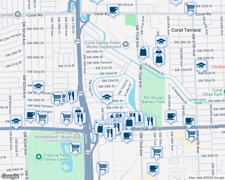 map of restaurants, bars, coffee shops, grocery stores, and more near 7370 Southwest 34th Street in Miami
