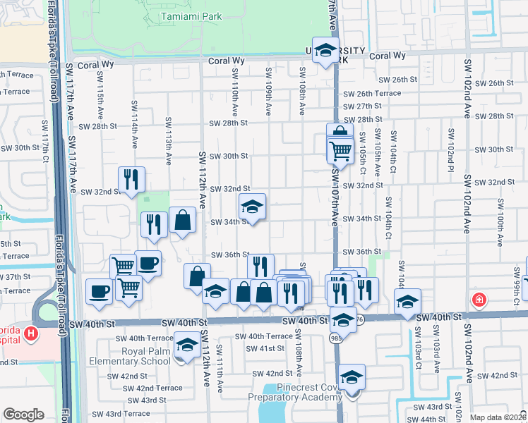 map of restaurants, bars, coffee shops, grocery stores, and more near 10872 Southwest 33rd Street in Miami