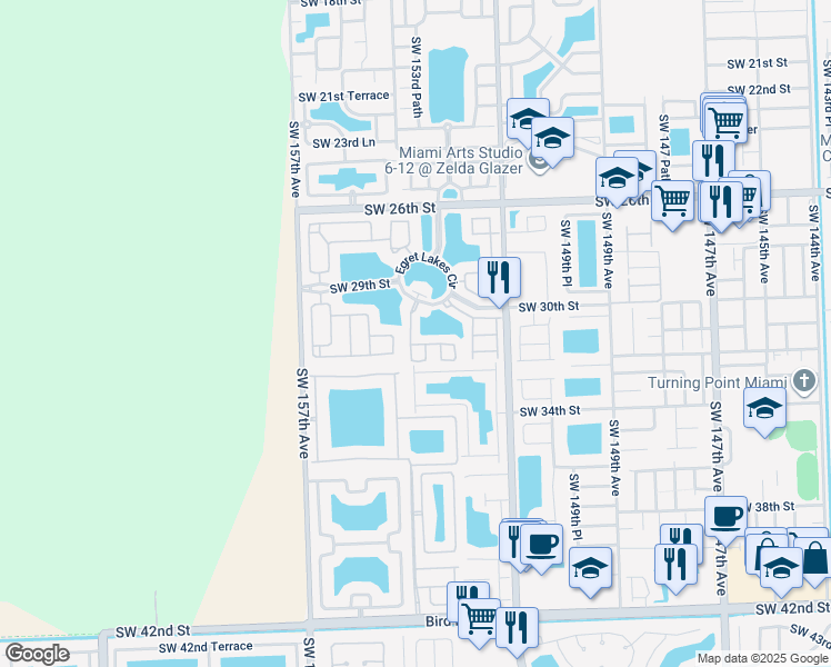 map of restaurants, bars, coffee shops, grocery stores, and more near 3087 Southwest 153rd Path in Miami