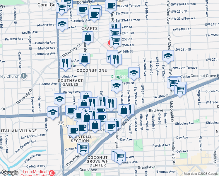 map of restaurants, bars, coffee shops, grocery stores, and more near in Miami