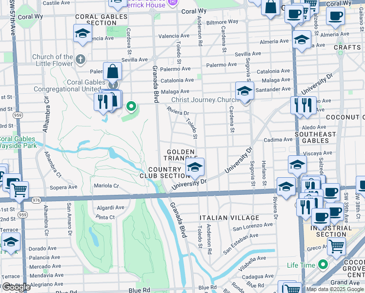 map of restaurants, bars, coffee shops, grocery stores, and more near 925 Escobar Avenue in Coral Gables
