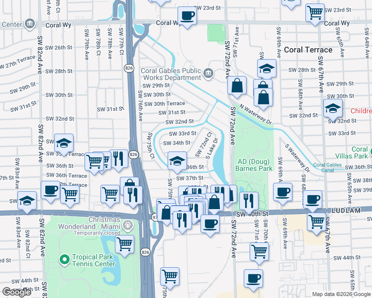 map of restaurants, bars, coffee shops, grocery stores, and more near 7370 Southwest 34th Street in Miami