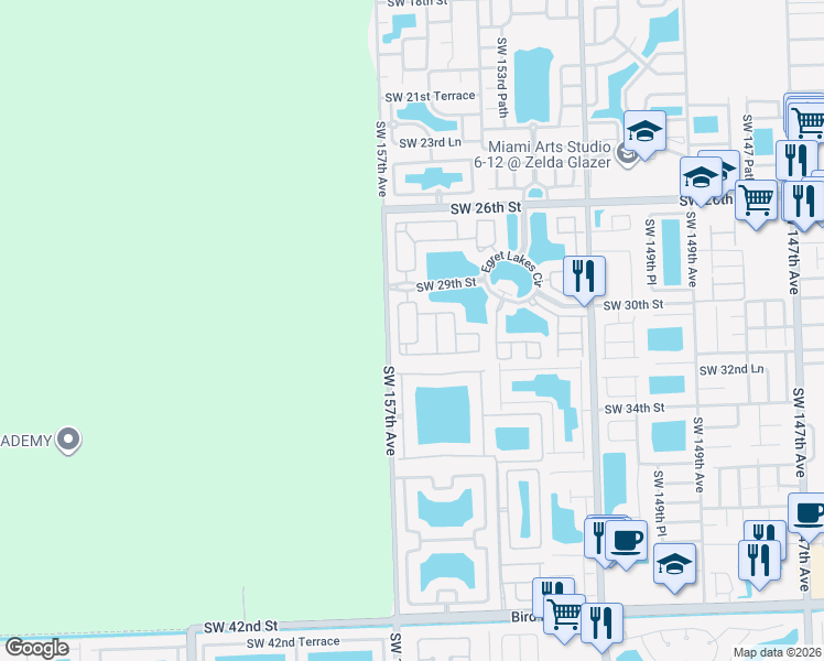 map of restaurants, bars, coffee shops, grocery stores, and more near 3026 Southwest 155th Avenue in Miami