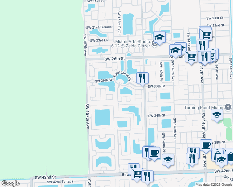 map of restaurants, bars, coffee shops, grocery stores, and more near 3071 Southwest 153rd Path in Miami