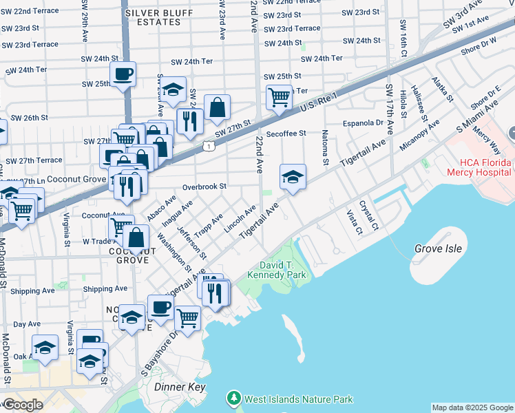 map of restaurants, bars, coffee shops, grocery stores, and more near 3075 Freeman Street in Miami