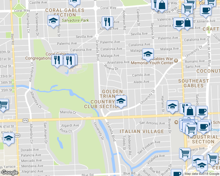 map of restaurants, bars, coffee shops, grocery stores, and more near 940 Escobar Avenue in Coral Gables