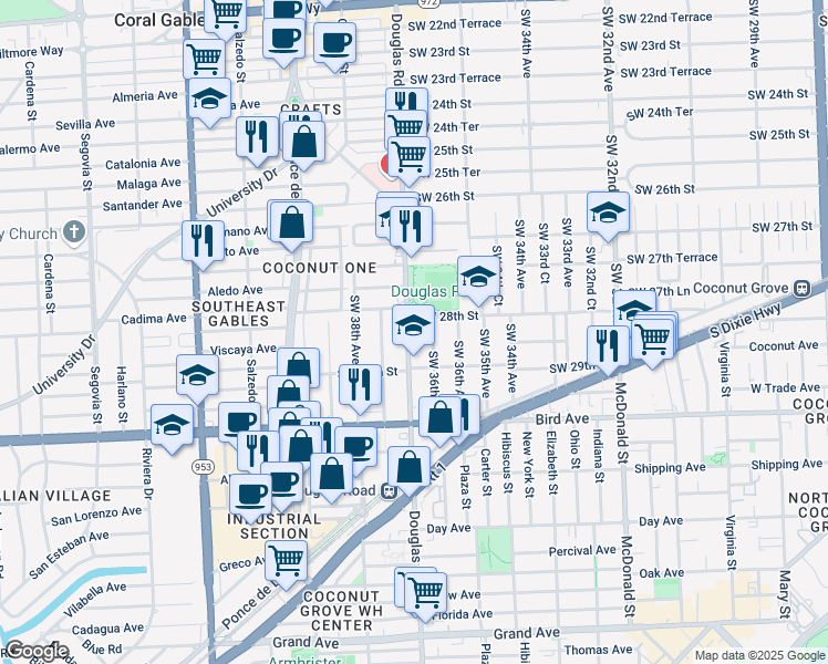 map of restaurants, bars, coffee shops, grocery stores, and more near in Miami