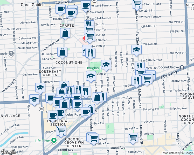 map of restaurants, bars, coffee shops, grocery stores, and more near 2811 Southwest 36th Court in Miami