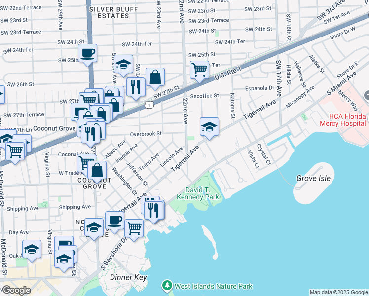 map of restaurants, bars, coffee shops, grocery stores, and more near 3075 Freeman Street in Miami