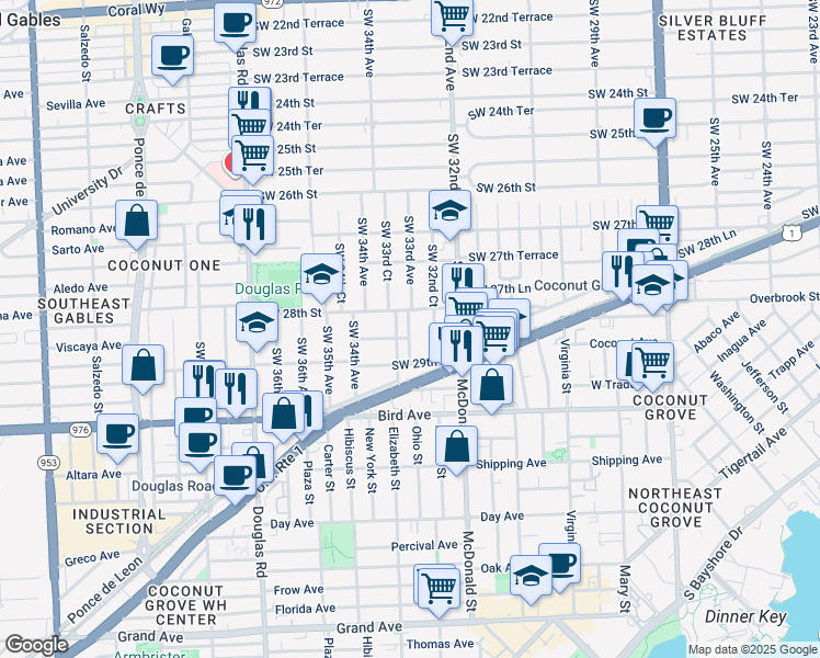 map of restaurants, bars, coffee shops, grocery stores, and more near 2820 Southwest 33rd Court in Miami