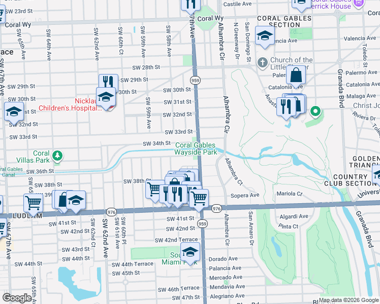 map of restaurants, bars, coffee shops, grocery stores, and more near 5735 Southwest 35th Street in Miami