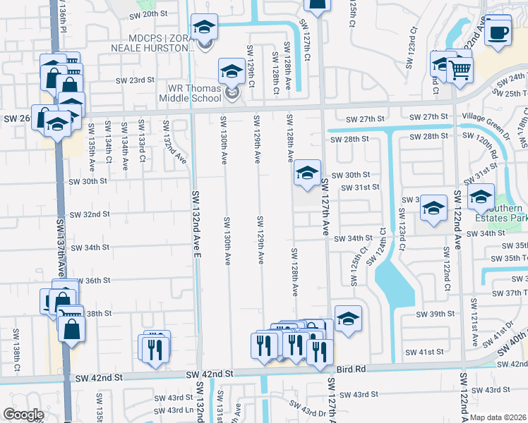 map of restaurants, bars, coffee shops, grocery stores, and more near 3181 Southwest 129th Avenue in Miami