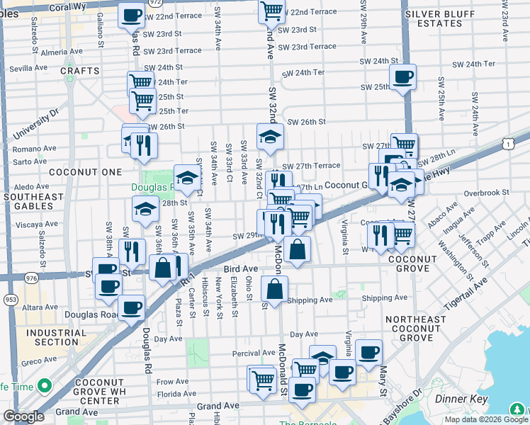 map of restaurants, bars, coffee shops, grocery stores, and more near 2822 Southwest 32nd Court in Miami