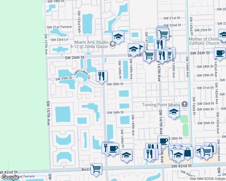 map of restaurants, bars, coffee shops, grocery stores, and more near 15064 Southwest 30th Terrace in Miami