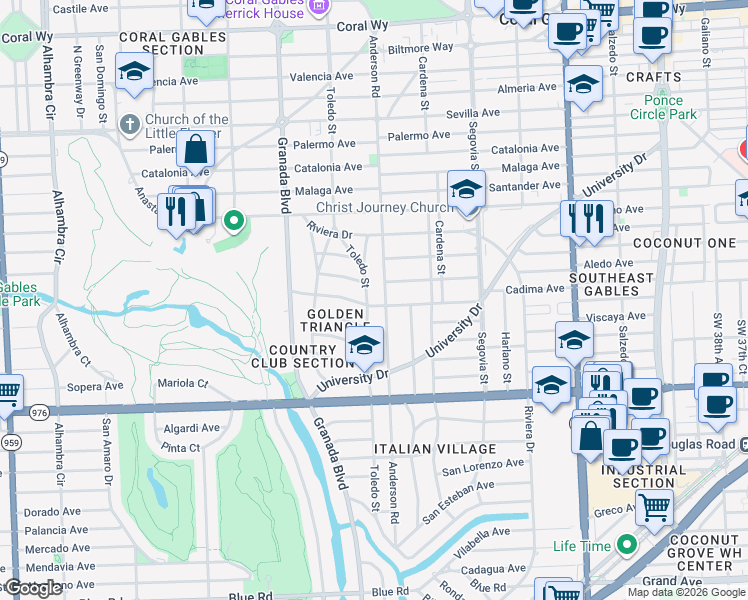 map of restaurants, bars, coffee shops, grocery stores, and more near 3511 Toledo Street in Coral Gables