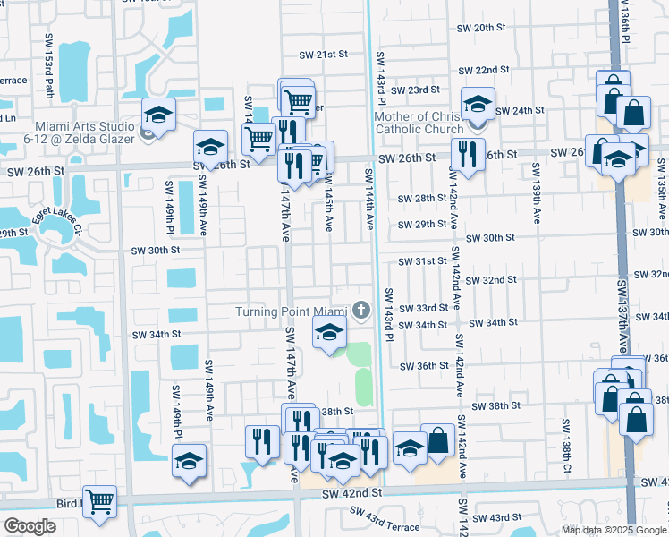 map of restaurants, bars, coffee shops, grocery stores, and more near 3103 Southwest 144th Avenue in Miami