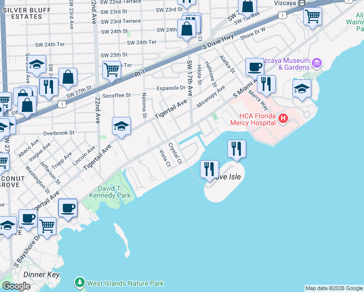 map of restaurants, bars, coffee shops, grocery stores, and more near 3520 Fair Isle Street in Miami
