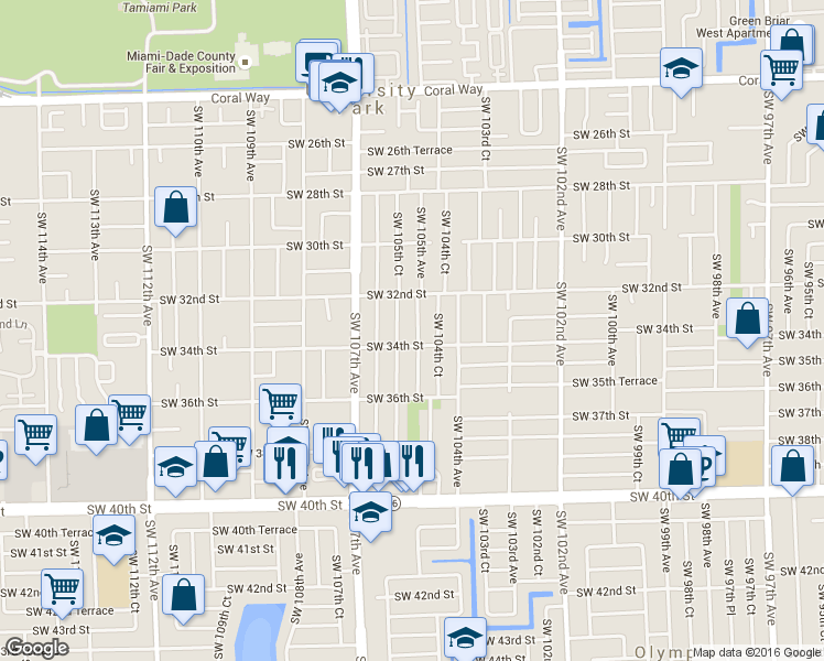 map of restaurants, bars, coffee shops, grocery stores, and more near 3330 Southwest 105th Avenue in Miami