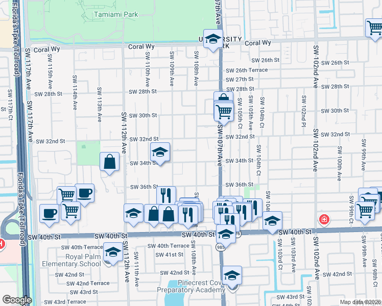 map of restaurants, bars, coffee shops, grocery stores, and more near 10802 Southwest 33rd Street in Miami