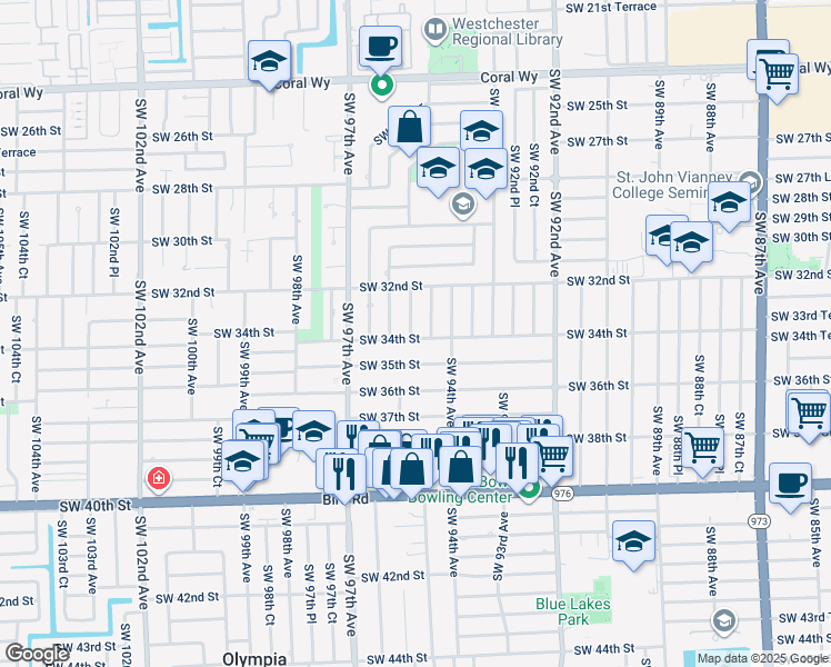 map of restaurants, bars, coffee shops, grocery stores, and more near 3341 Southwest 94th Place in Miami