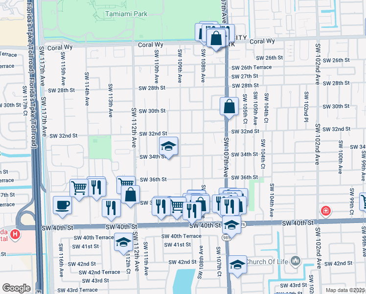 map of restaurants, bars, coffee shops, grocery stores, and more near 10872 Southwest 33rd Street in Miami