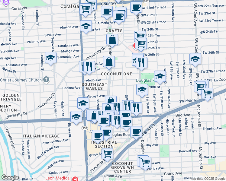 map of restaurants, bars, coffee shops, grocery stores, and more near 2812 Southwest 38th Court in Miami