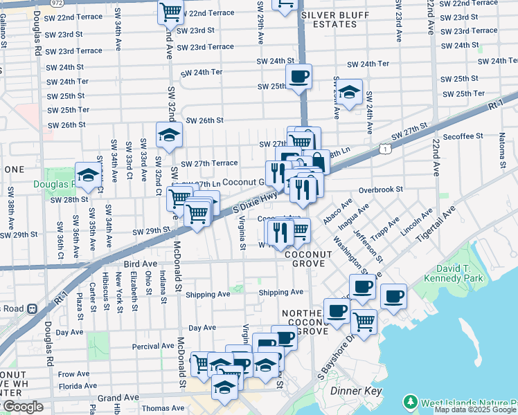 map of restaurants, bars, coffee shops, grocery stores, and more near 2920 Southwest 28th Terrace in Miami