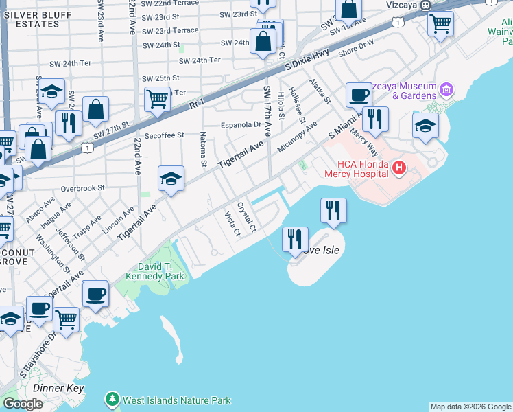 map of restaurants, bars, coffee shops, grocery stores, and more near 3520 Fair Isle Street in Miami