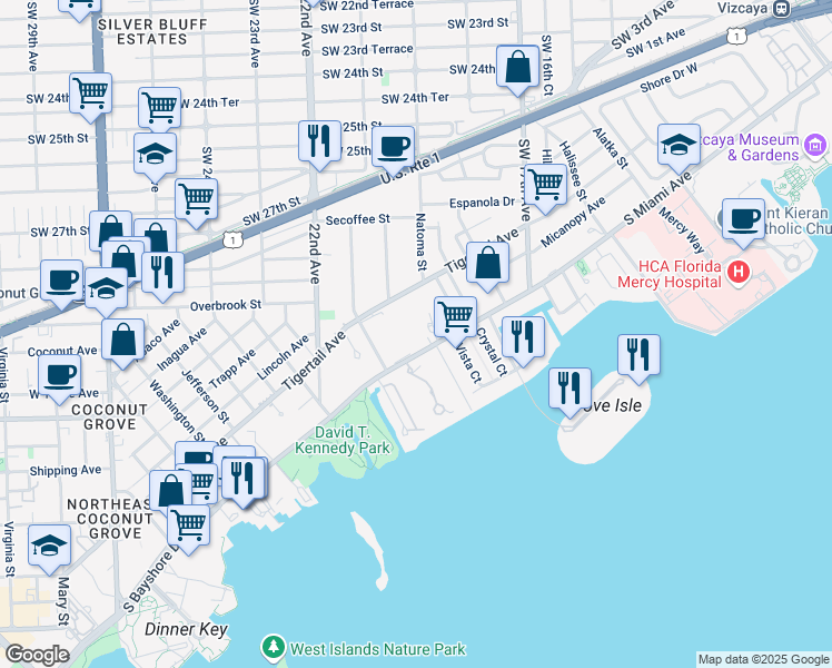 map of restaurants, bars, coffee shops, grocery stores, and more near 2003 South Bayshore Drive in Miami