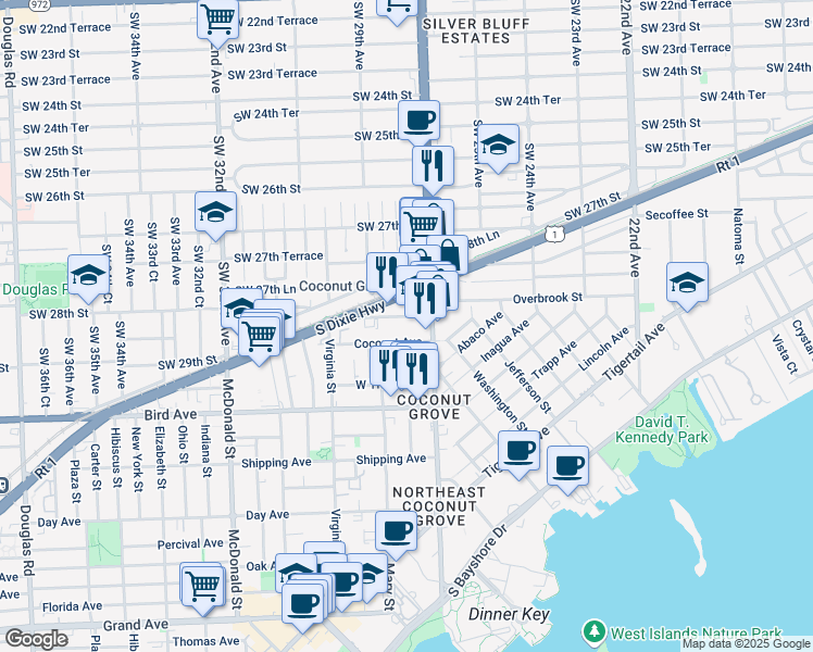 map of restaurants, bars, coffee shops, grocery stores, and more near 2800 Southwest 28th Terrace in Miami