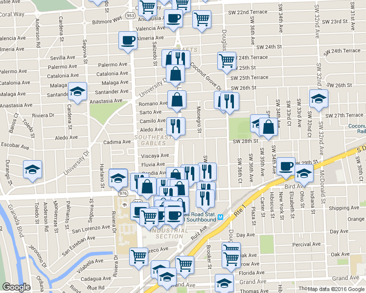map of restaurants, bars, coffee shops, grocery stores, and more near 2812 Southwest 38th Court in Miami