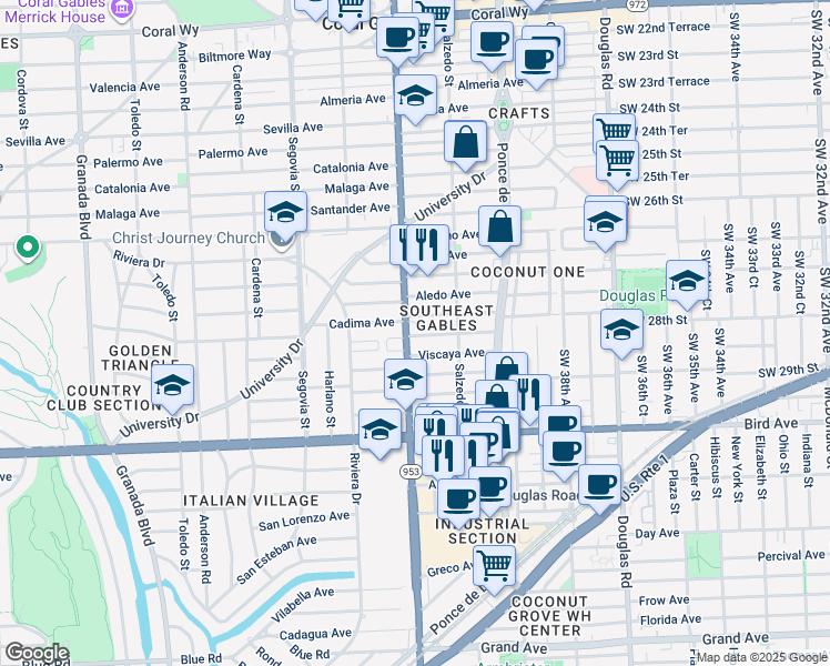 map of restaurants, bars, coffee shops, grocery stores, and more near 345 Alesio Avenue in Coral Gables