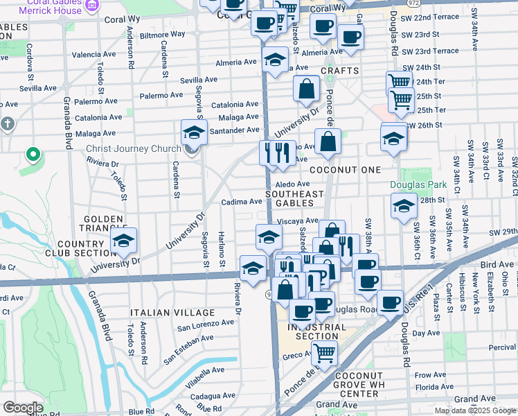 map of restaurants, bars, coffee shops, grocery stores, and more near 428 Cadima Avenue in Coral Gables