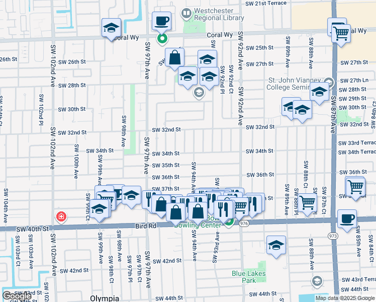 map of restaurants, bars, coffee shops, grocery stores, and more near 3335 Southwest 94th Avenue in Miami