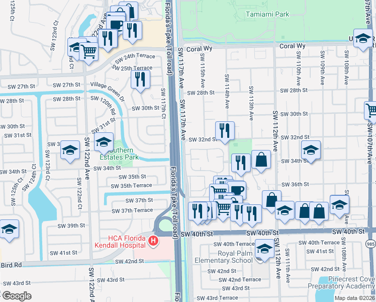 map of restaurants, bars, coffee shops, grocery stores, and more near 3250 Southwest 116th Place in Miami