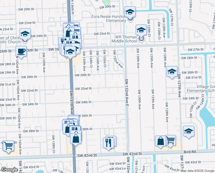 map of restaurants, bars, coffee shops, grocery stores, and more near 3191 Southwest 133rd Court in Miami