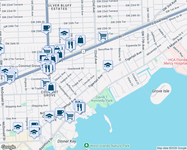 map of restaurants, bars, coffee shops, grocery stores, and more near 3075 Freeman Street in Miami