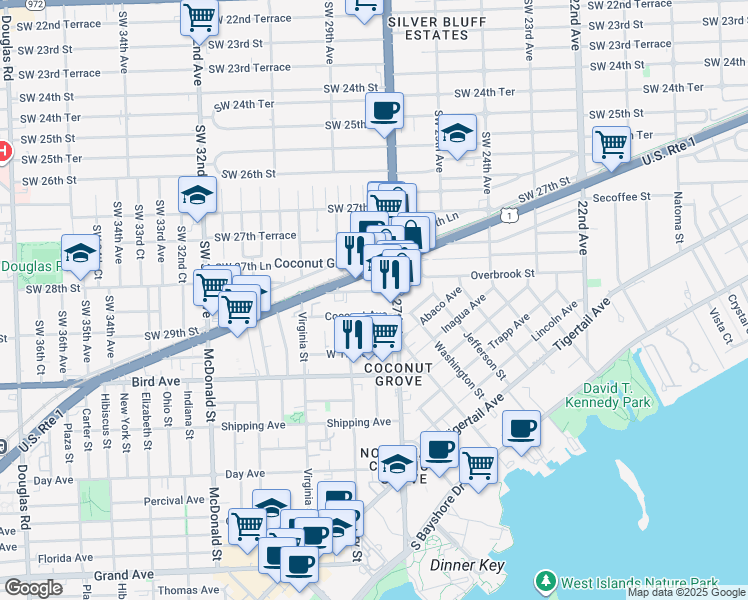 map of restaurants, bars, coffee shops, grocery stores, and more near 2800 Southwest 28th Terrace in Miami
