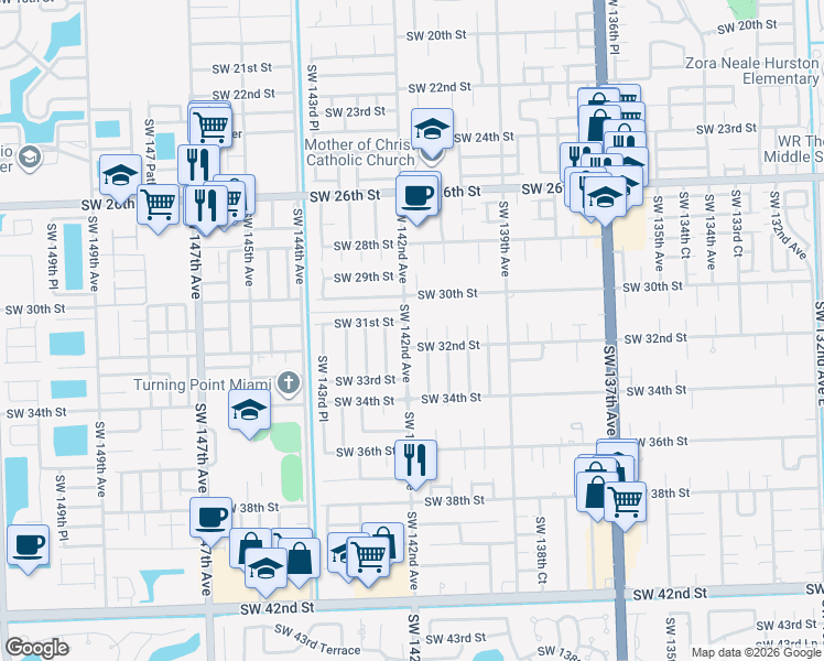 map of restaurants, bars, coffee shops, grocery stores, and more near 3141 Southwest 142nd Avenue in Miami