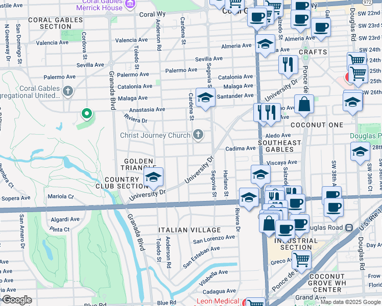 map of restaurants, bars, coffee shops, grocery stores, and more near 647 Escobar Avenue in Coral Gables