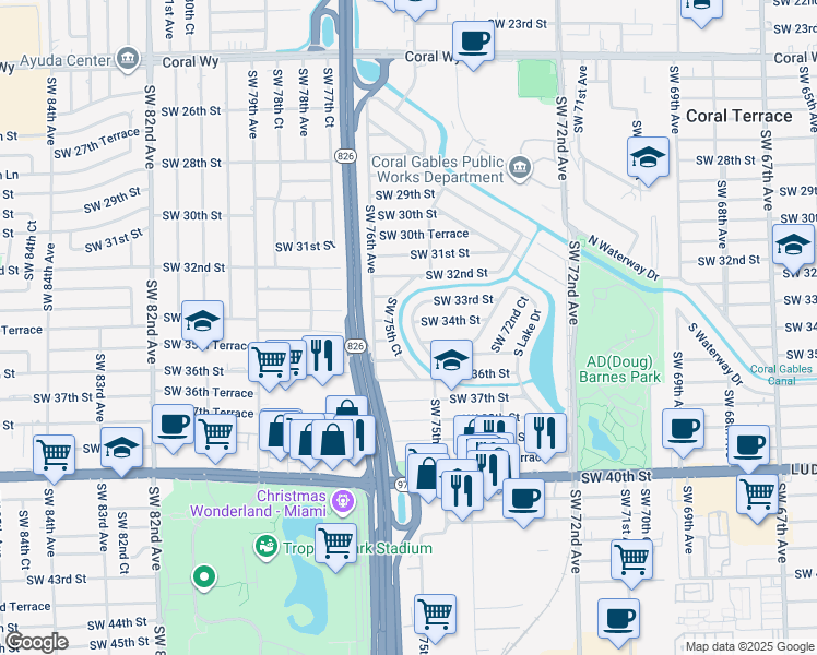 map of restaurants, bars, coffee shops, grocery stores, and more near 3400 Southwest 75th Avenue in Miami