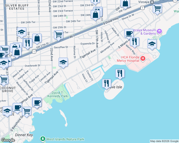 map of restaurants, bars, coffee shops, grocery stores, and more near 3520 Fair Isle Street in Miami