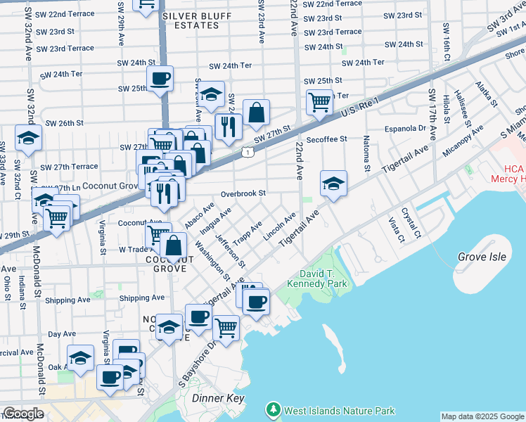 map of restaurants, bars, coffee shops, grocery stores, and more near 3024 Kirk Street in Miami